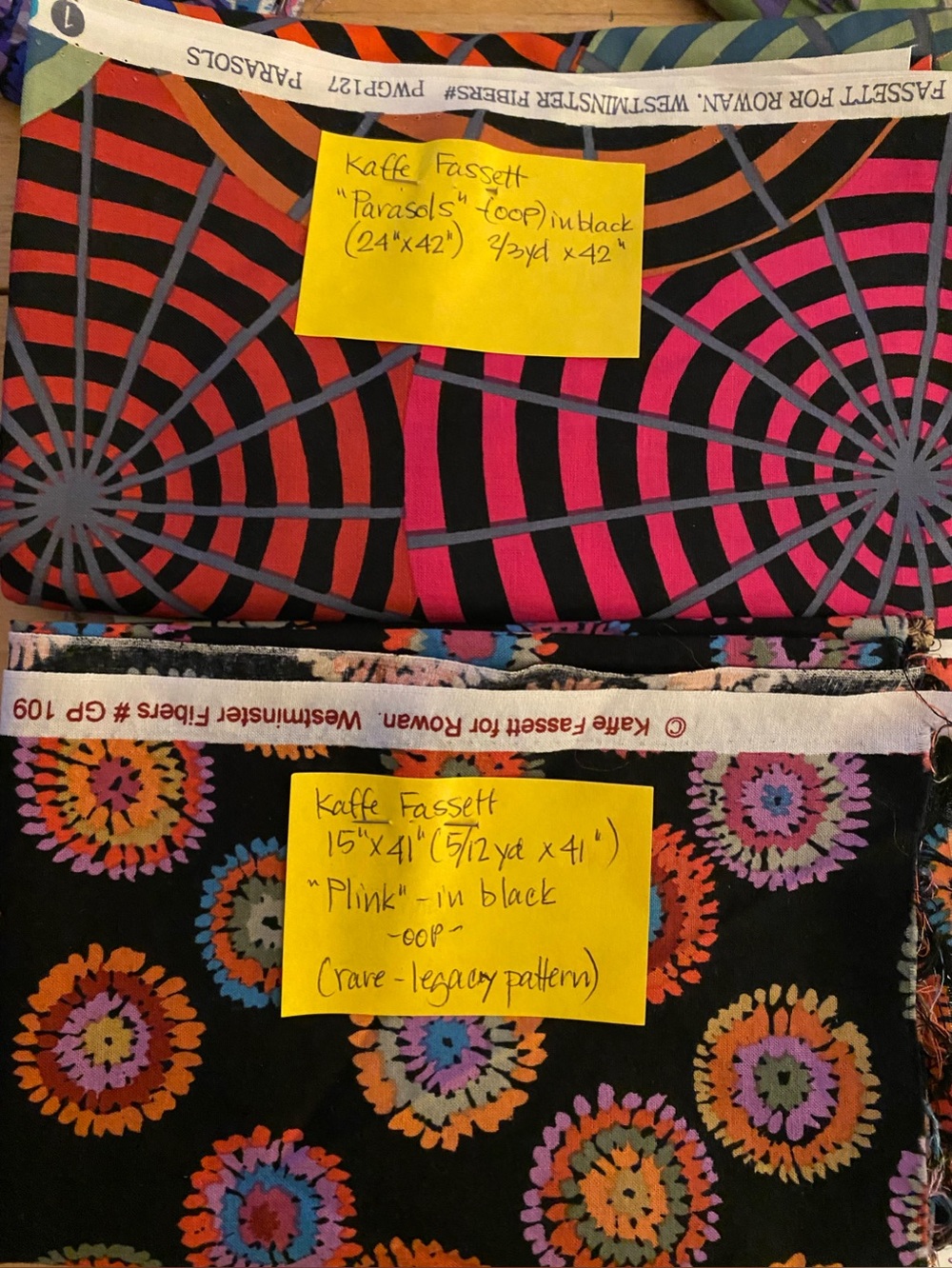 OOP Kaffe Fassett Fabrics: "Parasols" (2/3yd) & "Plink" (5/12yd) Fabric Lot